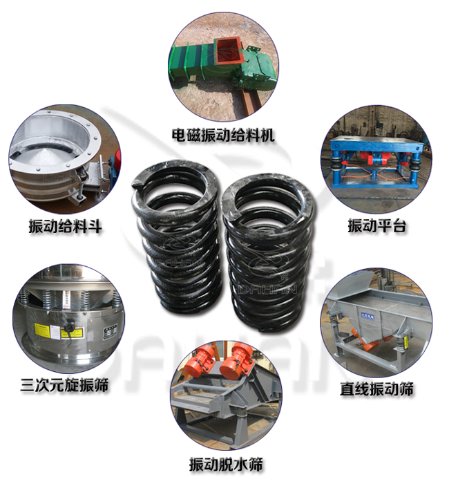 旋振篩減震彈簧適用產品：振動給料機，電磁振動給料機，振動平臺，直線振動篩，振動脫水篩，三次元旋振篩。
