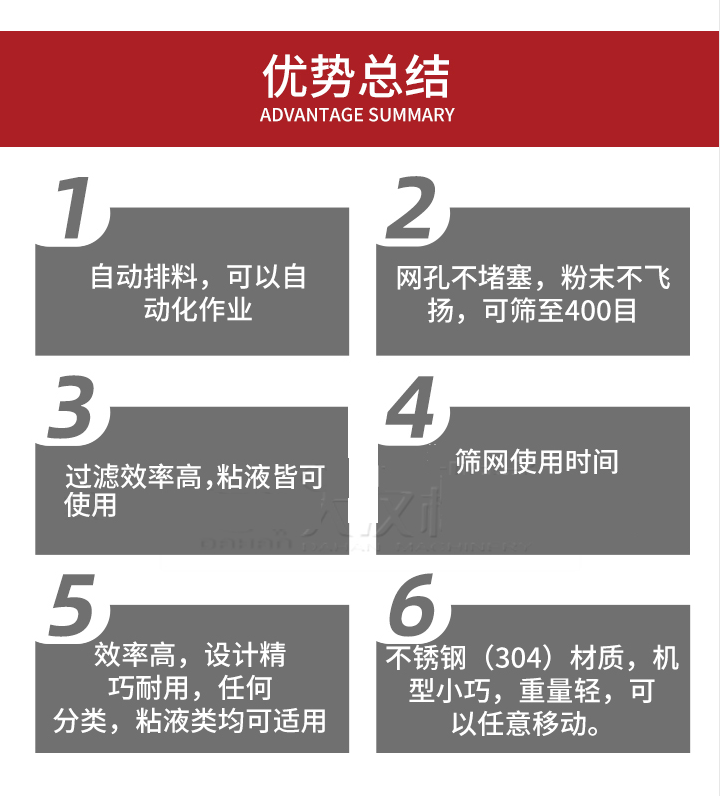 過濾篩優勢總結：1，自動排料，可以自動化作用。2，網孔不堵塞，粉塵不飛揚，可篩至400目。3，過濾效率高，任何粒，粉，粘液也可使用。4，篩網設計大大提高了篩網使用時間，也魏換網提高了方便。5，效率高，設計精巧耐用，任何分類設計精巧耐用，任何分類，粘液類均可適用。6，不銹鋼材質機型小巧，重量輕，可以任意移動。