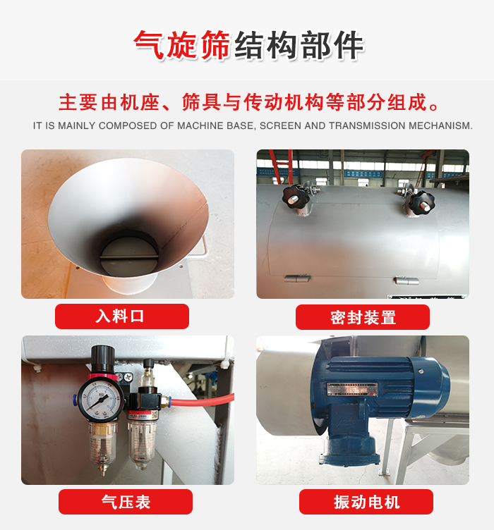 氣旋篩結構：入料口，密封裝置，電機，氣壓表等